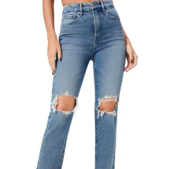 GOOD AMERICAN Good Vintage Flare Jeans Size 28 Blue800 Distressed - Picture 1 of 11